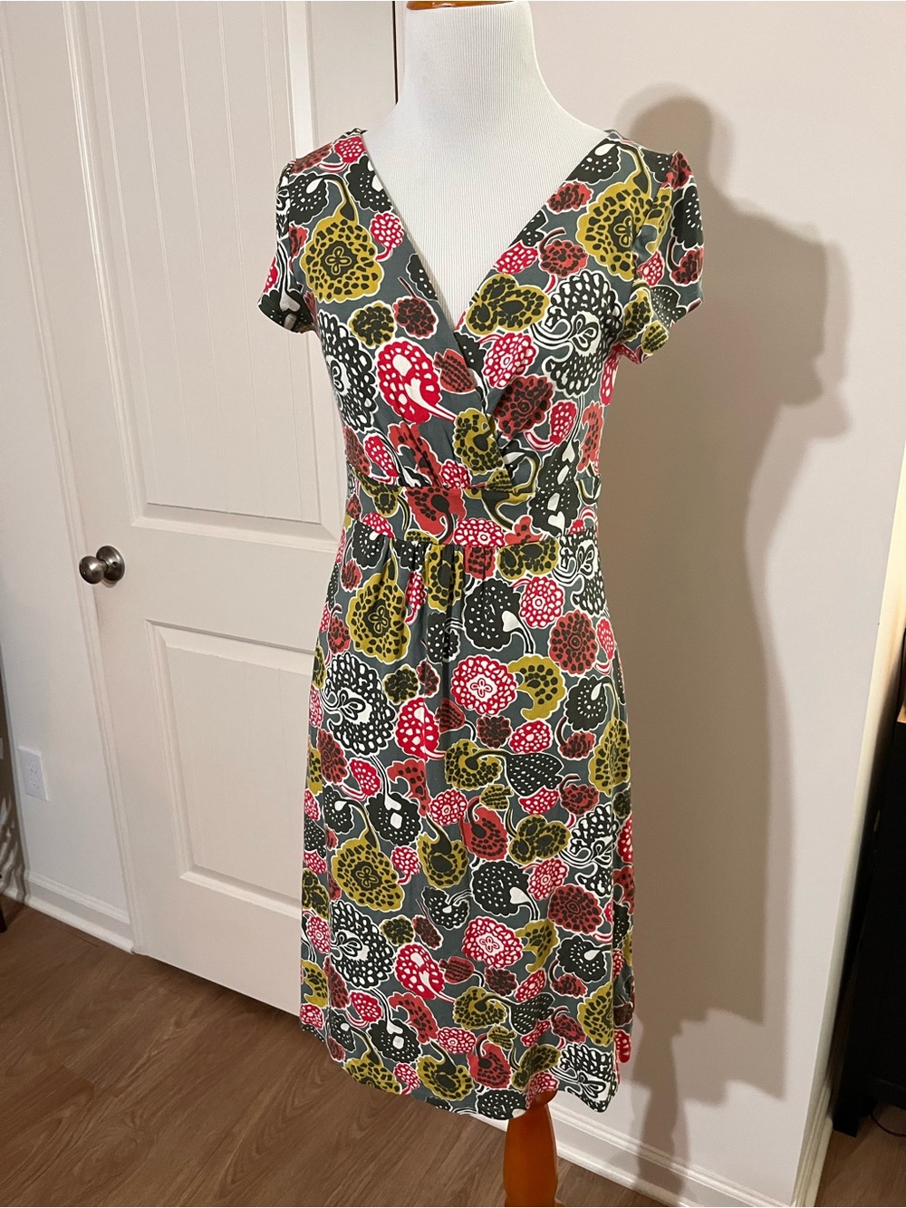 Boden Multi Floral Wrap Midi Dress in Red, Green, Black
